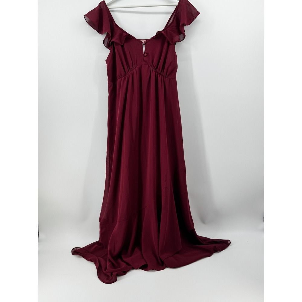 Bokeh Chiffon Ruffle Maxi Dress Burgundy Wine Flutter Sleeve Empire Waist M